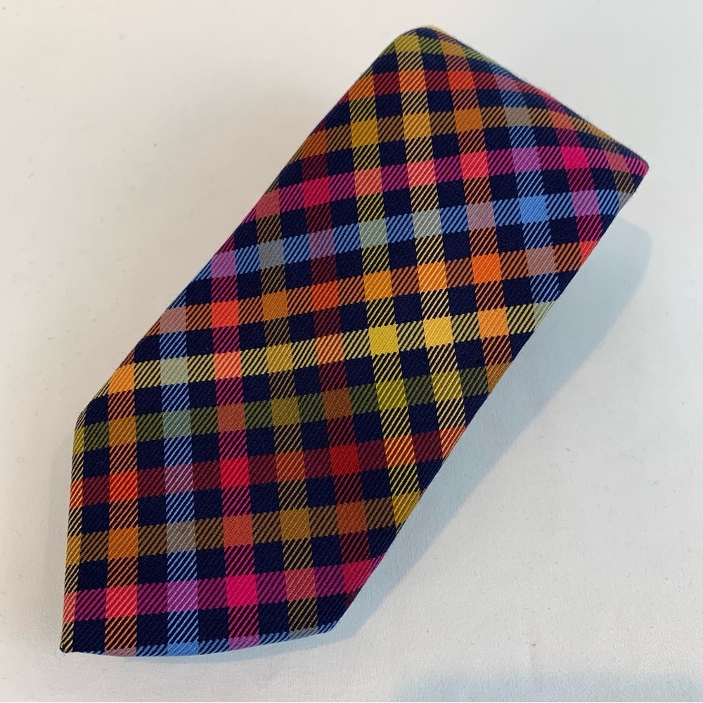 Charles Tyrwhitt Wool Silk Tie Multicolor Gingham Plaid Rainbow 58"L x 3.5"W